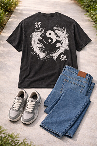 UrbanX URBNX Washed Black Graphic T-Shirt – Koi Yin Yang Back Print | Premium...