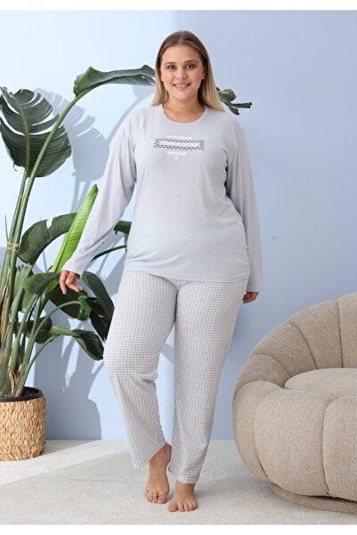 Serena Women's big size light blue pajamas, Leave a little print, 100% cotton