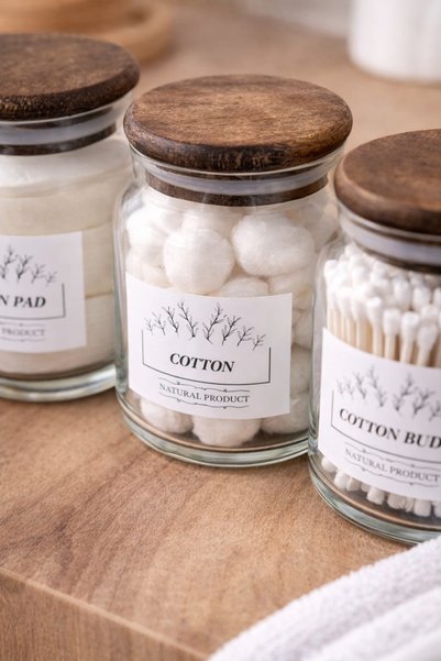Durina Living Acacia Lid Glass Jar Set of 3 – Bathroom Organizer Cotton Swab Holder Makeup Pad