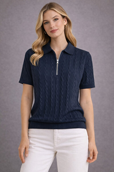 DepoExport Γυναικεία πλεκτή μπλούζα με φερμουάρ και λαιμόκοψη πόλο με κοντό μ...