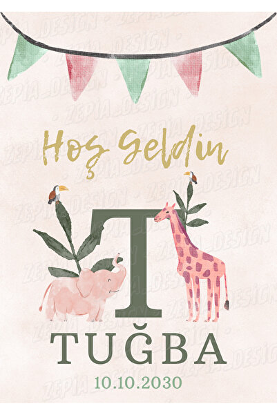 zepia design Kişiye Özel Yeni Doğan Hastane Kapı Süsü İsimliği A4 Laminasyonl...