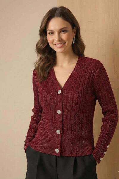 FTZ WOMEN Women's Silvery Hair Knitted Cardigan Claret Red 25265