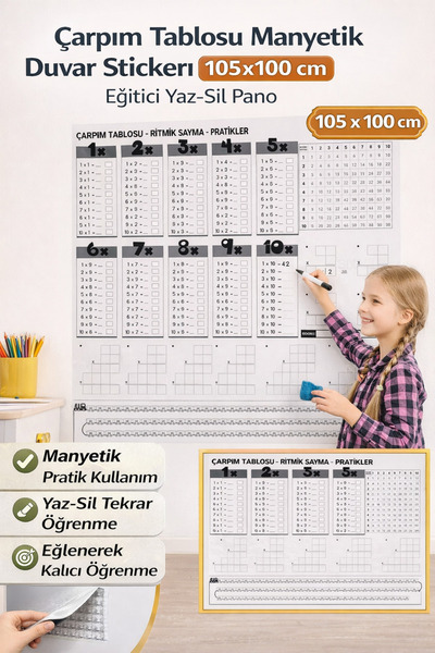 Hane Dostu Çarpım Tablosu Manyetik Duvar Stickerı 105x100 cm Eğitici Yaz-Sil ...
