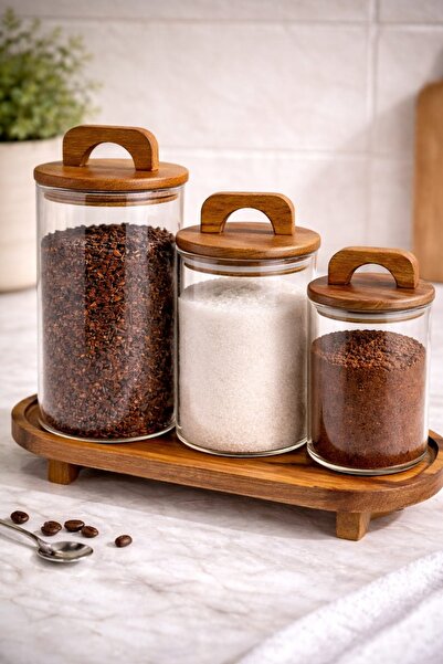 Durina Living Acacia Lid Glass Jar Set with 3 Stands – 1300/950/630 ml Coffee...