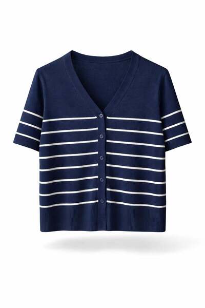 5in1Canpolat Navy Blue Striped Short Sleeve Cardigan 251330