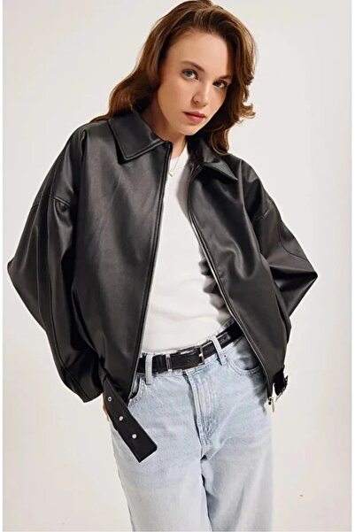 Mivelya Women's Oversize Faux Leather Bomber Jacket