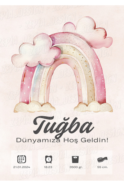 zepia design Kişiye Özel Yeni Doğan Hastane Kapı Süsü İsimliği A4 Laminasyonl...