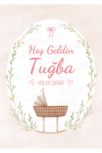 zepia design Kişiye Özel Yeni Doğan Hastane Kapı Süsü İsimliği A4 Laminasyonl...