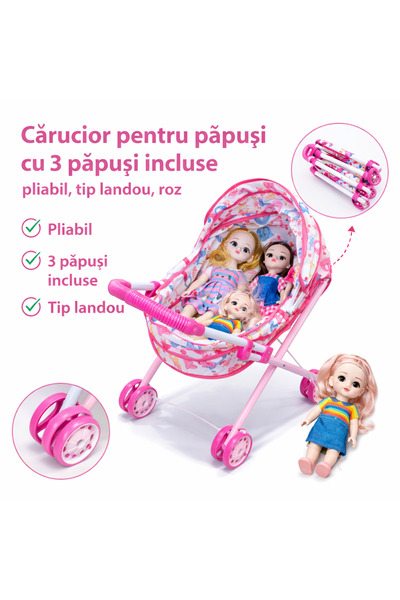 OEM Foldable doll stroller with 3 dolls, pram type, Pink