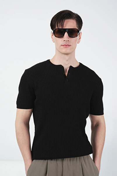 XPUPPETWEAR Textured Cycling Collar Black Knitwear T-Shirt