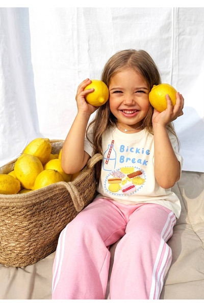 Teeny Weeny Kids Tricou cu imprimeu ecru din bumbac pentru fete și set de pan...
