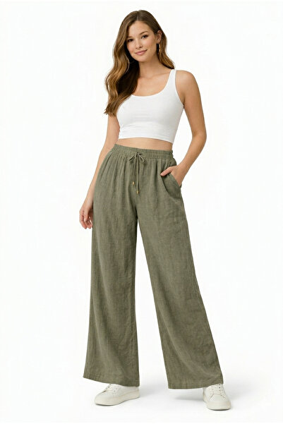 Marjinal Women's Cotton Muslin Fabric Elastic Waist Trousers