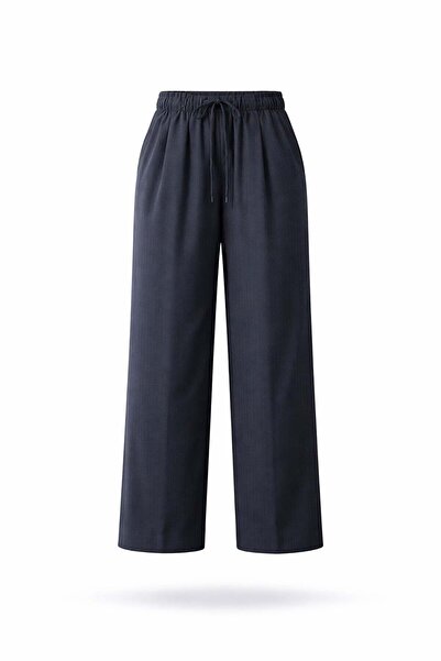 5in1Canpolat Navy Blue Elastic Waist Pinstripe Trousers
