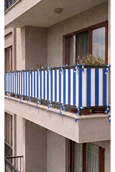 SHY TEKSTİL Blue-White Lace-Up Balcony Curtain Iron Covering Durable Tarpauli...