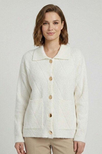 FTZ WOMEN Women's Baklava Pattern Beard Cardigan Ecru 25039