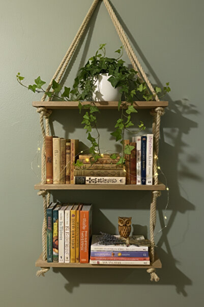 EkaWood Dekoratif 3 Katlı Halatlı Raf Masif Ahşap Kitaplık ve Duvar Rafı İska...