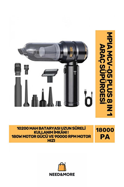 NEED&MORE #18000 PA Çekim Emiş Gücü 180W Led Göstergeli Şarjlı Araç Süpürgesi