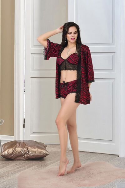 IZABEL Lingerie طقم بيجامة من 3 قطع باللون الأسود مقاس S/M-L/XL مع شورت بحمال...