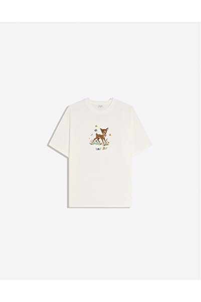 Disante Little Deer Printed Crew Neck Oversize Trendy Women's T-Shirt