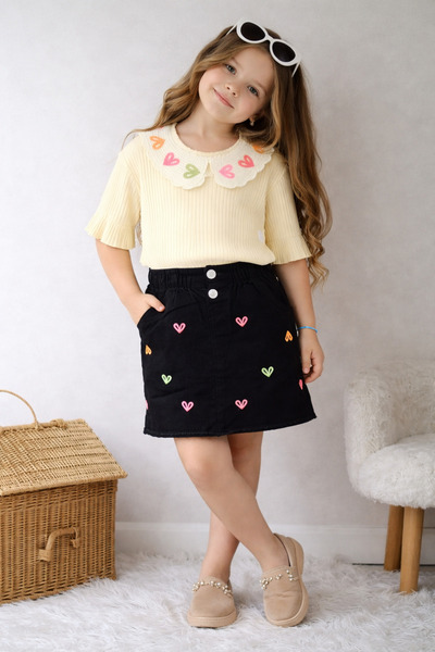 KOKOŞ BEBEK Girl's Heart Embroidered Collared Blouse and Black Denim Skirt Se...