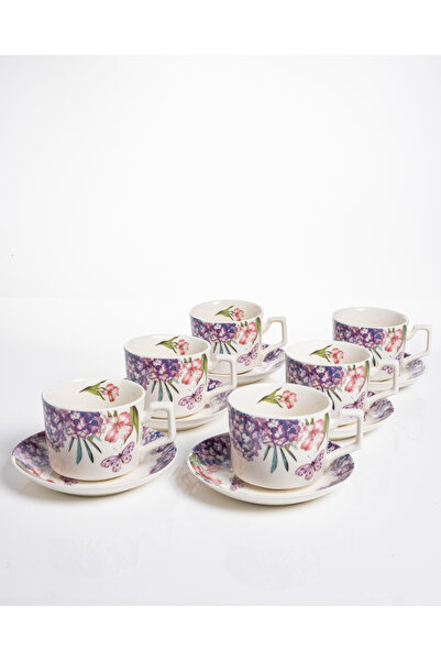 Malooki Set of 6 Lilac coffee cups–floral porcelain with hydrangeas and butte...
