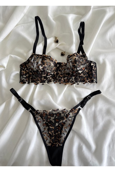 İNKO İÇ GİYİM Σετ σουτιέν και στρινγκ από τούλι με λεοπάρ σχέδιο και λεπτομέρ...