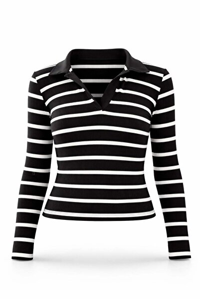 5in1Canpolat Μαύρη μπλούζα με γιακά πόλο και ριγέ μακρυμάνικη 0007