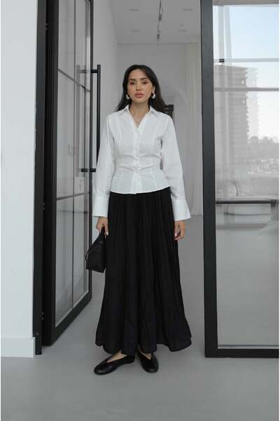 Havoş Black Long Crinkled Skirt