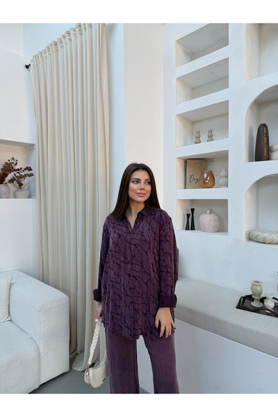 MİA NOURA Women's Lyocell Jacquard Fabric Oversize Tirl Tirl Shirt