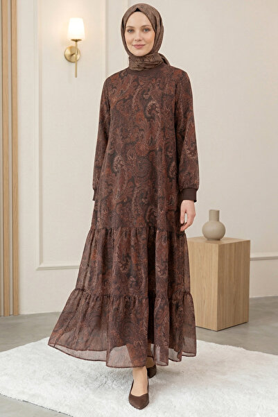 FERHEL Γυναικείο φόρεμα με έθνικ σχέδιο, φούστα με λαιμόκοψη ποδηλάτου, επενδ...