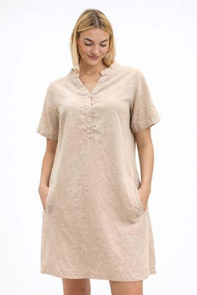 Heaven Ephesus Linen Dress-Linen Pera Dress-Linen High Collar Dress - 3510