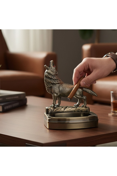 keyfim shop Kurt Figürlü Metal Çakmaklı Masa Kül Tablası