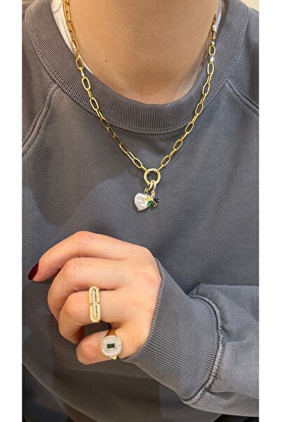 Finery by Nerrs Çelik Ataç zincirli İnci Kalp ve renkli çiçek Charmlı kolye (...