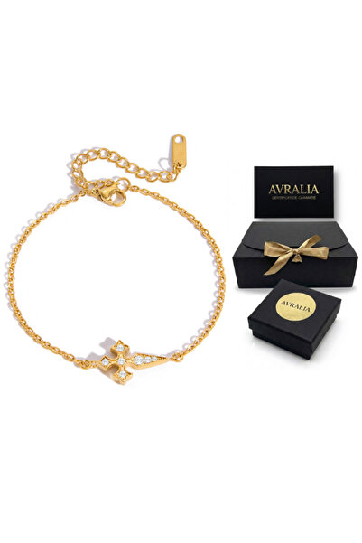 AVRALIA 18k Gold Cross Bracelet (Plated), Zirconia Crystals, Warranty and Gif...