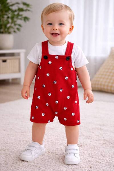 AYDEDE KİDS Kırmızı Uğur Böceği Desenli Bebek Salopet Takım %100 Pamuk Yazlık...
