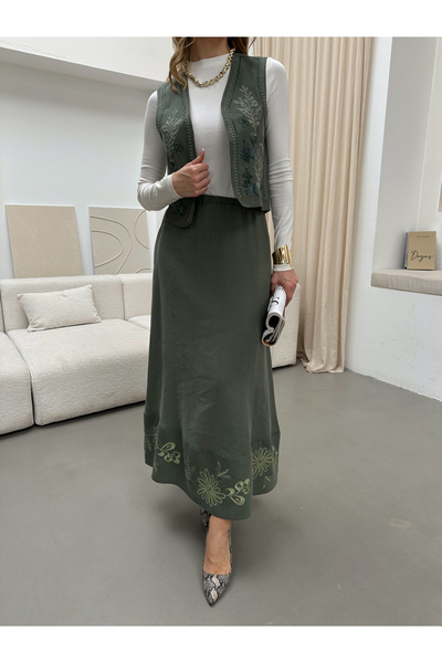 MİA NOURA Women's Embroidered Beaded Vest Skirt Set