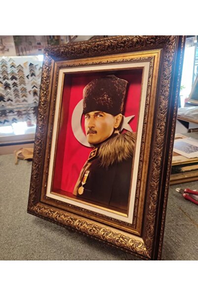 Müze sanat Atatürk Kağıt Rölyef 3D Tablo - Kalpaklı Atatürk ve Türk Bayrağı T...