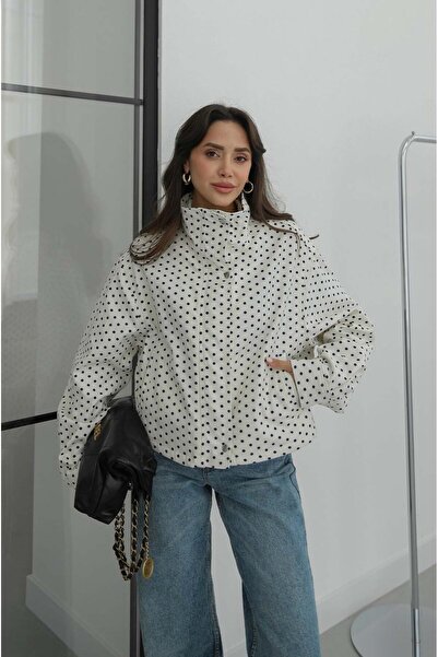 Havoş Ecru High Collar Polka Dot Gabardine Jacket