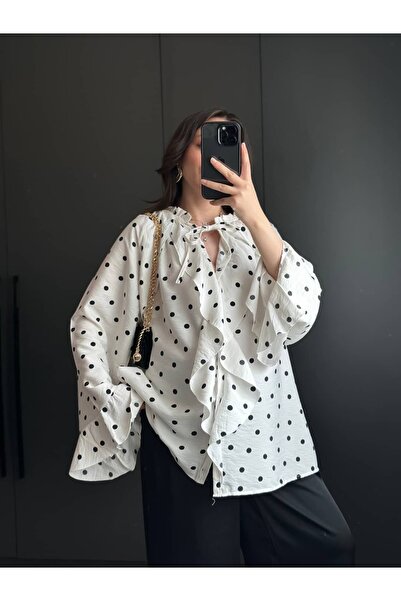 Tugen Co Polka Dot Shirt with Ruffled Sleeves