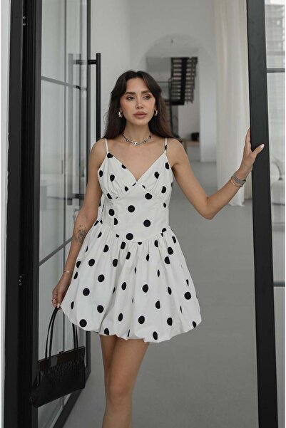 Havoş Εκρού Φόρεμα με Πουά και Κοπή Μπαλόνι