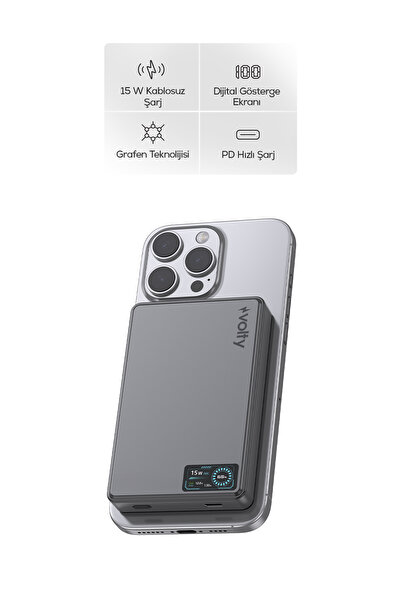 Volty MagSafe Powerbank 10000 mAh | 15W Kablosuz, 20W PD Hızlı Şarj, Dijital ...