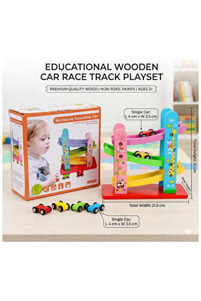 direkstoktan Ahşap Çok Katlı Kaydıraklı Araba Pisti Rampası Montessori Oyunca...