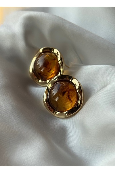 Çelik Kehribar Yuvarlak Gold Küpe