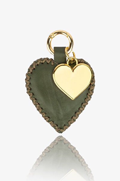 ByTooche Helios Haki Yeşil Hakiki Deri El Yapımı Kalpli Anahtarlık & Çanta Ch...
