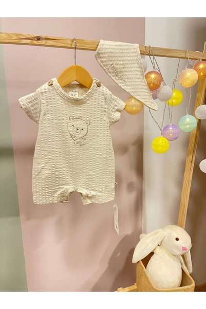 Generic Brand Teddy Bear Embroidered Baby Boy Snap Fastener Ecru Jumpsuit