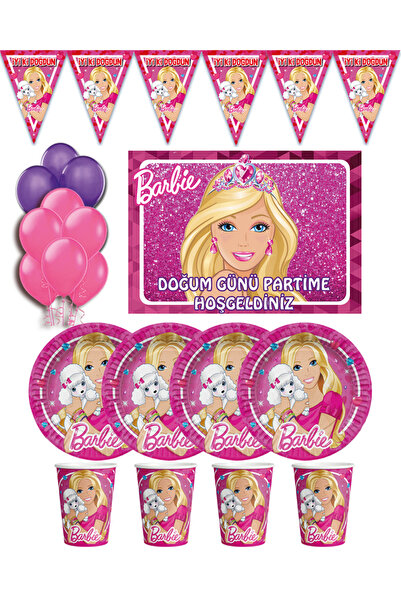 ACRDEKOR Barbie barbi Afişli ve Flamalı 16 Kişilik Doğum Günü Parti Süsleri Seti