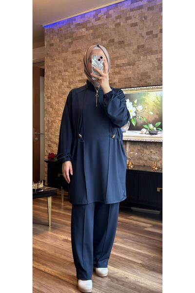 MİMİ Luxury Wear Women's Hijab Set Diving Fabric Half-Patched Zippered Top an...