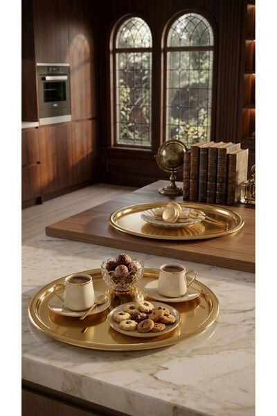 Marla Life Altın Renk Metal Tepsi 2’li Set – Dekoratif Sunum Tepsisi, Kahve &...