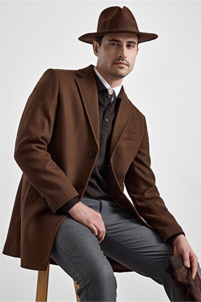 SÜVARİ Koyu Kahve Slim Mono Yaka Düz Yan Cepli Düğmeli Dolgusuz Rüzgar Geçirm...