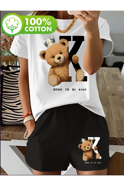 MİDAD Unisex Women'S/Men's White Color Custom Printed Shorts T-Shirt Set